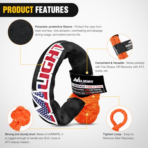 Nilight Synthetic Soft Shackle (56,000 LBS Breaking Strength) 1/2 Inch x 24 Inch 2PCS with Extra Sleeves for Sailing SUV Off Road Towing UTV ATV Trucks 4x4, 2 Years Warranty - color: 2Pcs Soft Shackles Orange