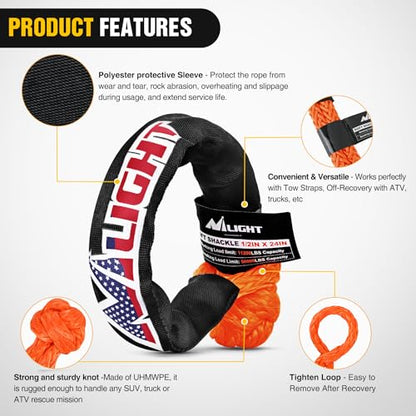 Nilight Synthetic Soft Shackle (56,000 LBS Breaking Strength) 1/2 Inch x 24 Inch 2PCS with Extra Sleeves for Sailing SUV Off Road Towing UTV ATV Trucks 4x4, 2 Years Warranty - color: 2Pcs Soft Shackles Orange