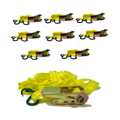 Bluedot Trading Set of 8 x 15 Ft 1-Inch Ratchet Tie Downs with ‘S’ Hook Soft Loops - 500 lbs Working Load for Lighter Load Transport, Quantity 8 - Ideal for Cargo, Truck, Trailer, Moving and Hauling - size: 8 Rachets