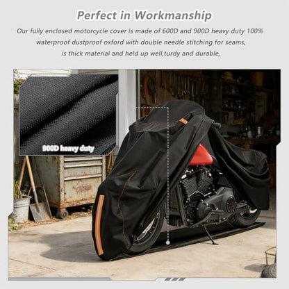 Full Enclosed Motorcycle Cover Waterproof,Heavy Duty 600D Oxford Outdoor Indoor Motorcycle Full Cover with All-Round Enclosed Zipper and Reflective Strips,Fits Most Heavy Duty Scooter Moped Motorcycle - size: 104"W x 43"D x 59"H