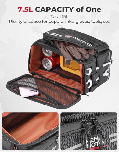 KEMIMOTO Motorcycle Saddlebags 15L(7.5Lx2) with Quick-Release Brackets, Universal Fit for Softail Dyna Sportster Cruiser with Waterproof Zipper & Rain Cover Side Panniers for Commuting Weekend Trips - size: 15L