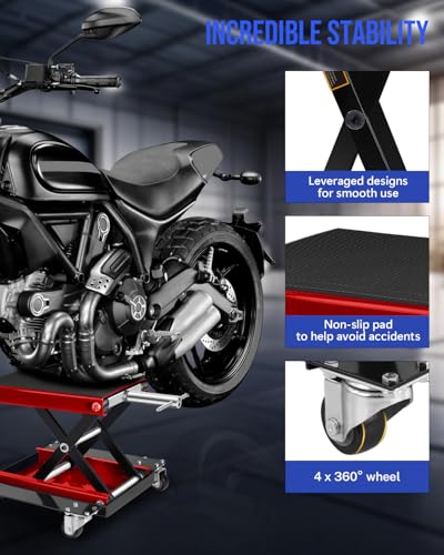 Motorcycle Scissor Lift Jack with Dolly Wheels & Hand Crank - 1100LBS Heavy Duty Adjustable Bike Lift for Cruiser, Dirt Bike, ATV - Foldable, Non-Slip Platform, Garage Repair Stand