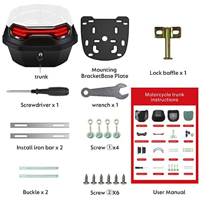 35L Motorcycle Top Case, Motorcycle Daily Tail Box Trunk Lockable Storage Carrier Plastic Case with Soft Backrest Universal Mounting for Helmet Luggage, Waterproof Motor Top Box - White