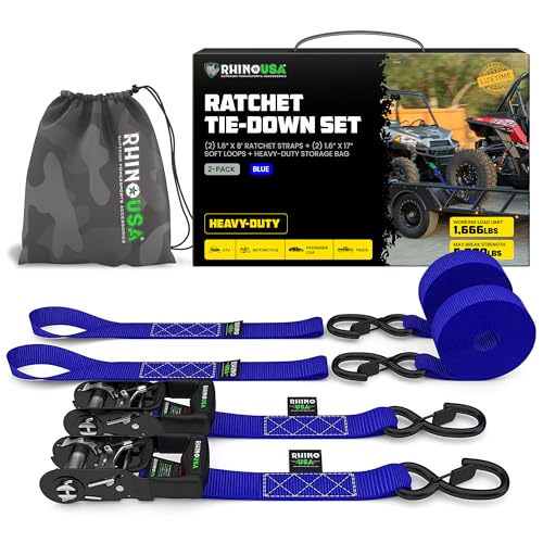 Rhino USA Ratchet Straps Heavy Duty Kit (2-Pack) - 1.6 Inch x 8 Feet Min Break Strength (5,000) - Ultimate Tie Down Straps with Safety S Hooks for Trucks, ATV, UTV, Motorcycle, Cargo & More - Blue - color: Blue, size: 8ft - 2 Pack