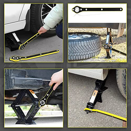 Auto Labor-Saving Jack Ratchet Wrench with Long Handle for Scissor Jack, Lug Wrench for Tire Jack, Car Jack Wrench Positive and Reversal Knob Design For Travel/Truck/SUV/Vans