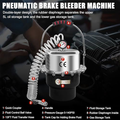 JIFETOR 5L Pneumatic Brake Pressure Bleeder Kit, Air Power Pressurized Master Cylinder Clutch Fluid Bleeding Tool Set with Bleed Machine, Collection Bottle and Adapters, Black Cylinder - color: Black Cylinder
