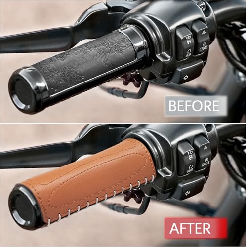 2 PCS Leather Motorcycle Handlebar Hand Grip Cover, Hand Sewn Grips Sleeve, No Fringe Brake Clutch Covers for HD Motorcycle Brown - color: Brown