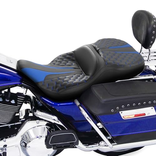 SLMOTO Black Blue Passenger Seat Motorcyle Rider Seat 2-Up Fit For Harley Electra Glide Ultra Classic Standard FLHTC 1997-2007 - style: Blue and Black