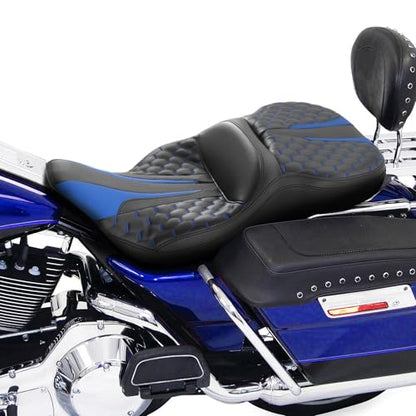 SLMOTO Black Blue Passenger Seat Motorcyle Rider Seat 2-Up Fit For Harley Electra Glide Ultra Classic Standard FLHTC 1997-2007 - style: Blue and Black