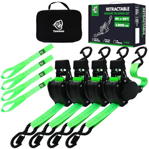 Retractable Ratchet Straps (Patented-4pack) - 1 inch x 10Feet (1,800lb Break Strength) Auto Self Retracting Tie Down Straps - Self Retractable Straps with Refletcive for Motorcyle, Truck or Cargo - color: Green, size: 4-Pack