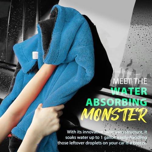 Extra Large Car Drying Towel, 36 Inches, 1300gsm,Super Absorbent Polyamide, Double-Twisted Design - color: Blue and Grey