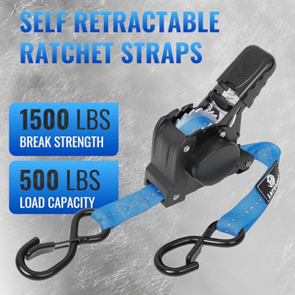 Retractable Ratchet Straps 4 Pack - 1,500 Lbs Break Strength 1 in x 10 Ft Heavy Duty Retractable Ratchet Tie Down Straps with S Hooks Set for Truck, Cargo Van, Trailer, Motorcycle (Blue) - color: Blue