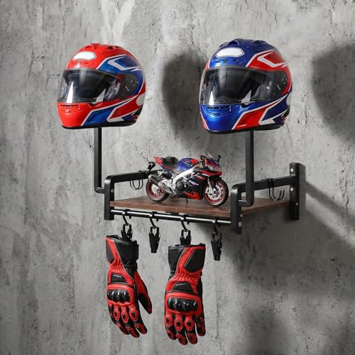 Helmet Wall Mount, Motorcycle Helmet Holder with Walnut Wood Shelf, 2 Helmets Stand, 4 Glove Chips and 2 Hooks, Helmet Display Mount for Most of Helmet and Clothes