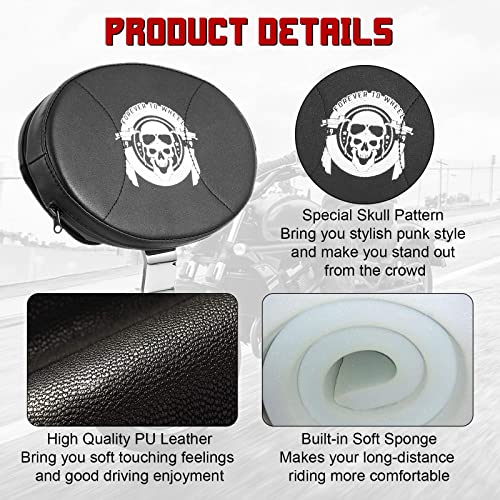 INNOGLOW Motorcycle Backrest - Adjustable Detachable Plug-In Driver Rider Backrest Black Back Rest Pad Fit for Harley Davidson Touring Electra Glide Road Glide Street Glide Road King - color: Style-1/Chrome Arm(with skull printed)