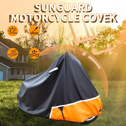 Motorcycle Cover Waterproof Outdoor 300D Oxford PU Coated, Black & Orange Motorcycle Accessories with Lock-Hole, Air Vents & Storage Bag, Fits Harley Touring Road King, Street Glide, Road Glide