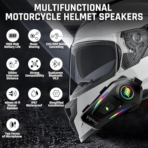 SAMDO K50 Motorcycle Helmet Bluetooth Headset V5.3, Outdoor Wireless Bluetooth Helmet Speakers with Automatic Answer Music Control IPX6 for Cycling/Skiing/Riding