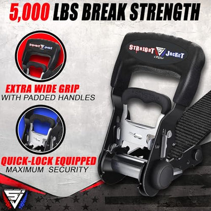 Ratchet Straps Tie Down Kit Incl. (4) Heavy Duty Rachet Tiedowns (1.6" x 8') with Coated S Hooks + (4) Soft Loop Tie-Downs (17") - 5,208 Total Break Strength by Straight Jacket Crew (Black) - color: Black, size: 1.6" x 8'