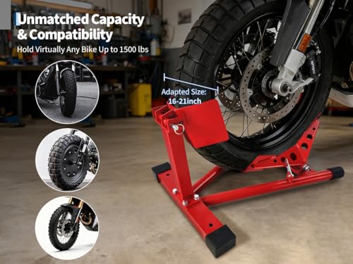 Heavy-Duty Motorcycle Wheel Chock & Front Stand - 1500LB Capacity - Adjustable Tire Holder for 16-21 Inch Wheels - Secure Suspension for Trailers, Garage, Cruiser, Sport & Dirt Bikes - Red, Tire Size - size: 16-21
