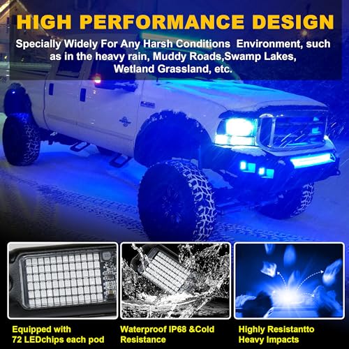 Nicoko 4Pods Pure Blue LED Rock Lights 72w high Power Rock Lights Neon Underglow Light for Car Trucks ATV UTV SUV Boat Underbody Glow Trail Rig Light IP68 Waterproof - size: Pure blue rock lights - 4 pack