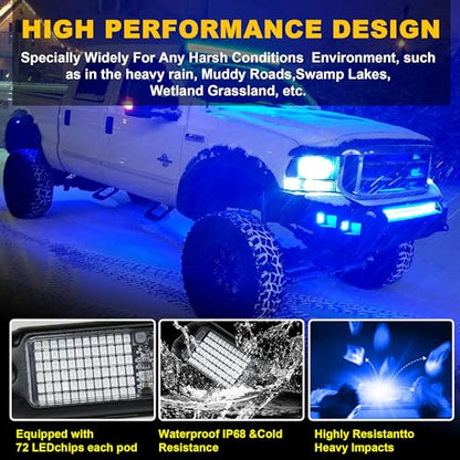 Nicoko 4Pods Pure Blue LED Rock Lights 72w high Power Rock Lights Neon Underglow Light for Car Trucks ATV UTV SUV Boat Underbody Glow Trail Rig Light IP68 Waterproof - size: Pure blue rock lights - 4 pack