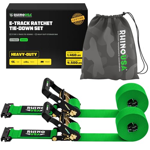 Rhino USA E Track Ratchet Tie Down Straps (4,500lb Break Strength) - Includes (2) Premium 2" x 16' eTrack Tie Downs - Ultimate Heavy Duty eTrack Cargo Strap System for Trailer, Truck, Motorcycle - color: Green, size: 2PK