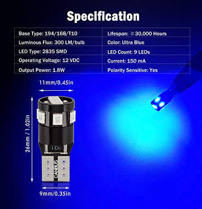300LM Extremely Bright Canbus Error Free 194 168 2825 W5W T10 LED Bulbs Ultra Blue 9-SMD 2835 LED Chipsets for Dome Map Door Courtesy License Plate Lights (Pack of 4) - color: Ultra Blue