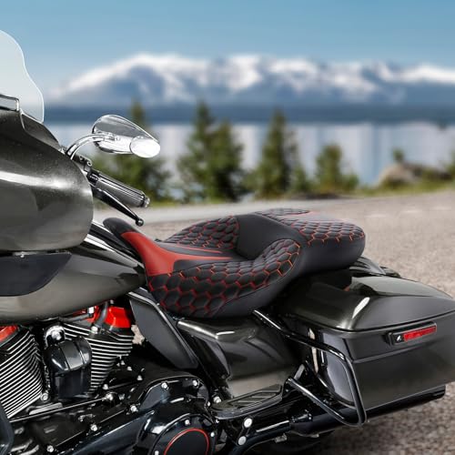 C.C. RIDER Driver& Passenger Seat Mammock Seat Extended Reach Seat Fit For Harley Touring 2009-2023 Road Glide Street Glide Road King Electra Glide CVO Models 2009-2022 - color: 37# Red