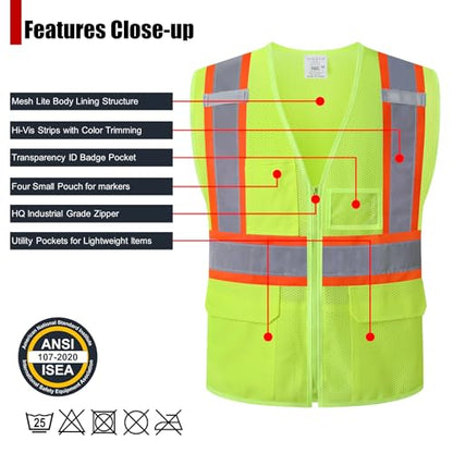 Reflective Safety Vest for Men Women Hi Vis Vest with Pockets High Visibility Vest Mesh Construction Vests Meets ANSI/ISEA Standards (Yellow-33, Large) - color: Yellow-33, size: Large