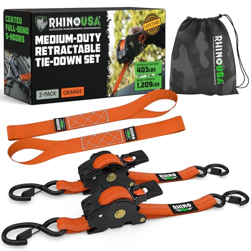 Rhino USA Retractable Ratchet Straps (2-Pack) - 1 Inch x 10 Feet (1,209lb Break Strength) - Auto Self Retracting Tie Down Straps for Truck, Cargo Trailer, Motorcycle, ATV, UTV - Orange - color: Orange, size: 2 Pack