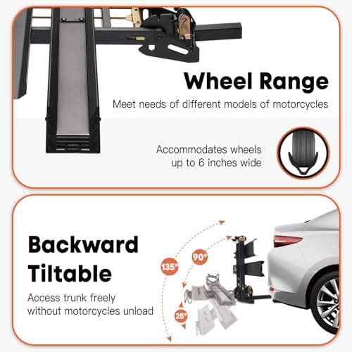 CRAVOT Motorack M1 Max Motorcycle Hitch Carrier with Ramp, 660 lbs Capacity Motorbike Carrier, Foldable Hauler Hitch Mount Rack Anti-Rattle Up to 6-inch Fat Tire 2" Receiver - size: MotorRack M1 Max 660lb
