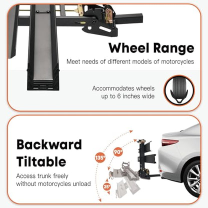 CRAVOT Motorack M1 Max Motorcycle Hitch Carrier with Ramp, 660 lbs Capacity Motorbike Carrier, Foldable Hauler Hitch Mount Rack Anti-Rattle Up to 6-inch Fat Tire 2" Receiver - size: MotorRack M1 Max 660lb