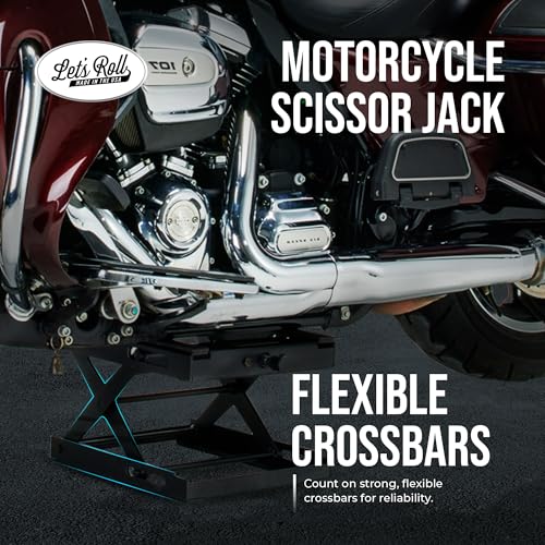 Let's Roll Standard Motorcycle Lift Jack - 1200 LB Heavy Duty Scissor Jack Stands, Scissor Lift Jacks, Motorcycle Accessories, Stable Garage Lifts with Mobility for Maintenance - Made in The USA