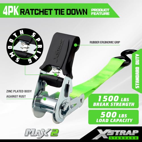 XSTRAP STANDARD 4 Pack 1" x 15Ft Ratchet Tie Down Straps - 500Lbs Load Cap, 1500Lb Break Strength, Heavy Duty Cargo Straps for Moving Appliances, Lawn Equipment & Motorcycle, Green - style: 4pk 1inchx15ft 1500lbs green