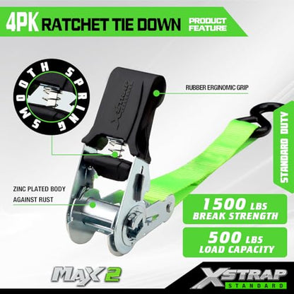 XSTRAP STANDARD 4 Pack 1" x 15Ft Ratchet Tie Down Straps - 500Lbs Load Cap, 1500Lb Break Strength, Heavy Duty Cargo Straps for Moving Appliances, Lawn Equipment & Motorcycle, Green - style: 4pk 1inchx15ft 1500lbs green