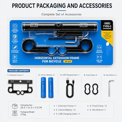 Multifunctional Bicycle Extension Bracket with Power Bank, Handlebar Extender for Phone, GPS, Speedometer and Bike Light