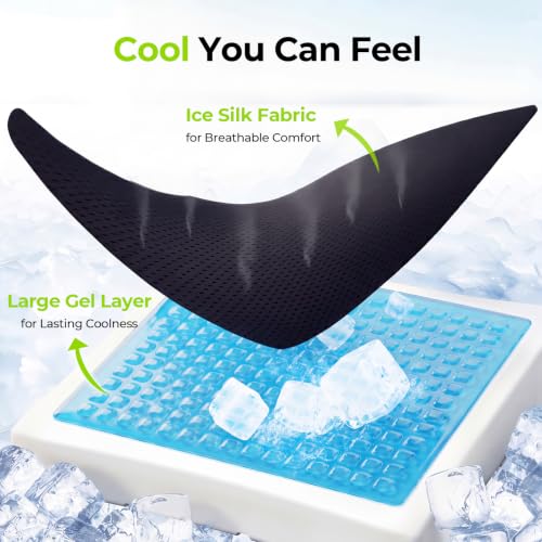 AUVON Cooling Gel Wheelchair Seat Cushion for Long Sitting, Memory Foam Seat Cushion for Tailbone & Back & Sciatica Relief, Breathable Chair Cushion with Strap for Car, Office, Home, Anti-Slip