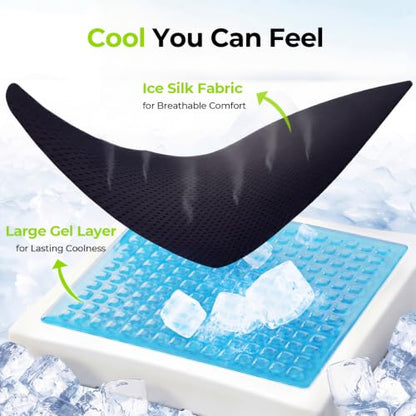 AUVON Cooling Gel Wheelchair Seat Cushion for Long Sitting, Memory Foam Seat Cushion for Tailbone & Back & Sciatica Relief, Breathable Chair Cushion with Strap for Car, Office, Home, Anti-Slip