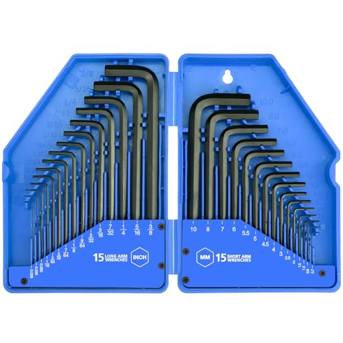 31-Piece Premium Hex Key Allen Wrench Set with Storage Case, SAE and Metric Assortment | L Shape, Chrome Vanadium Steel, Precise and Chamfered Tips | SAE 0.028 inch - 3/8 inch | Metric 0.7mm - 10 mm - size: 31-Pc. Standard Set - Blue Case