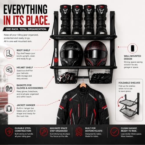 Motorcycle Helmet Wall Mount, 2-Tier Helmet Holder Wall Mount with Shelf & Baskets, Motorcycle Gear Rack Storage for Jackets, Gloves, Keys and Riding Accessories