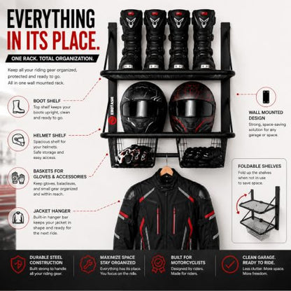 Motorcycle Helmet Wall Mount, 2-Tier Helmet Holder Wall Mount with Shelf & Baskets, Motorcycle Gear Rack Storage for Jackets, Gloves, Keys and Riding Accessories