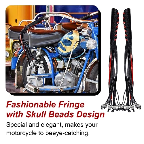 Motorcycle Lever Cover PU Leather Fringed Brake Clutch Covers Universal Grip Tassels Motorcycle Handlebar Covers with Skull Beads - color: Black with Red Strap