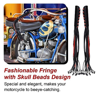 Motorcycle Lever Cover PU Leather Fringed Brake Clutch Covers Universal Grip Tassels Motorcycle Handlebar Covers with Skull Beads - color: Black with Red Strap
