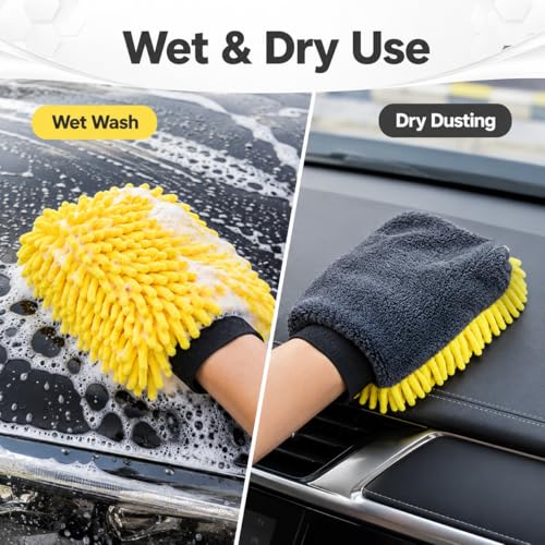 Car Wash Mitt, Double-Sided Chenille Microfiber, Yellow and Black, Waterproof