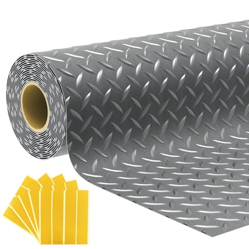 7.5x25 FT Garage Floor Mat, 2.8mm Thickened Flooring Roll Under Car Mat with 20Pcs Tapes, Diamond Plate, Non-Slip Floor Protector Mat for Trailer, Garage, Warehouse, Gyms, Trailer, Matte Gray - color: Matte Gray, size: 7.5x25 FT