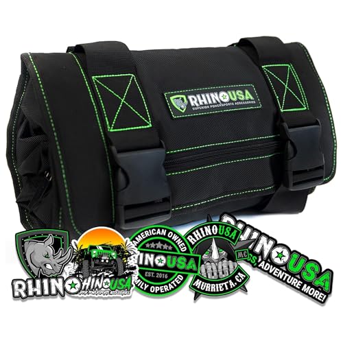 Rhino USA Tool Bag Roll - Heavy Duty Canvas Organizer Pouch for Tools - Ultimate Travel Tool Storage Kit for UTV, Car, Truck, 4x4 Offroad - Upgraded with Labeled & Removable Pouches - Secured for Life - color: Green Black