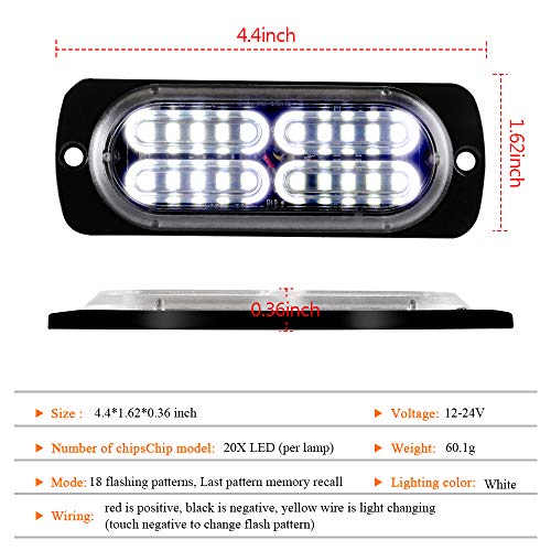 12-24V 20-LED Super Bright Emergency Strobe Warning Caution Hazard Construction Waterproof Flashing Strobe LED Light Bar Surface Mount for Car Truck SUV Van (White) - color: White