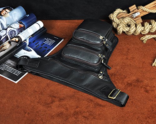 Le'aokuu Mens Genuine Leather Motorcycle Tactic Belt Waist Pack Drop Leg Cross Over Bag - color: X3111 Black