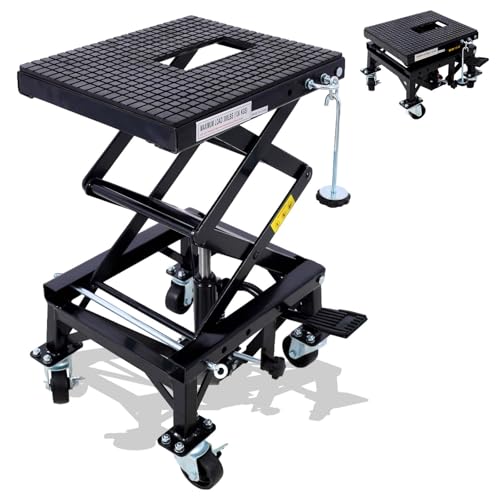 Hydraulic Motorcycle Lift Table, 350 lbs Capacity Scissor Jack Lift with Wide Deck, J-Hooks, 4 Wheels, Foot-Operated Jack Stand for ATV Dirt Bikes (Black) - color: Black