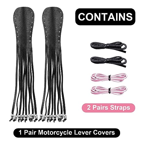 Motorcycle Lever Cover PU Leather Fringed Brake Clutch Covers Universal Grip Tassels Motorcycle Handlebar Covers with Skull Beads - color: Black with Pink Strap