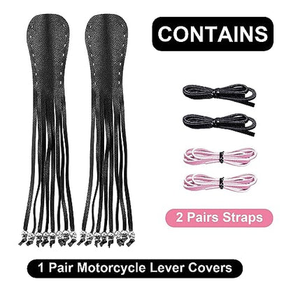Motorcycle Lever Cover PU Leather Fringed Brake Clutch Covers Universal Grip Tassels Motorcycle Handlebar Covers with Skull Beads - color: Black with Pink Strap